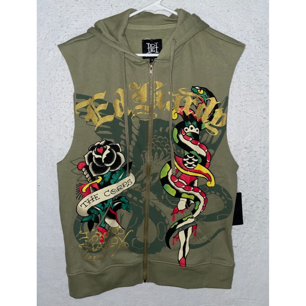 Ed Hardy Jacket Vest Mens S Olive Full Zip Sleeveless Dagger Tattoo Snake Hoodie